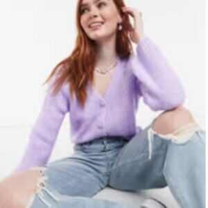 Only knitted cardigan with balloon sleeve in purple sz L NWOT